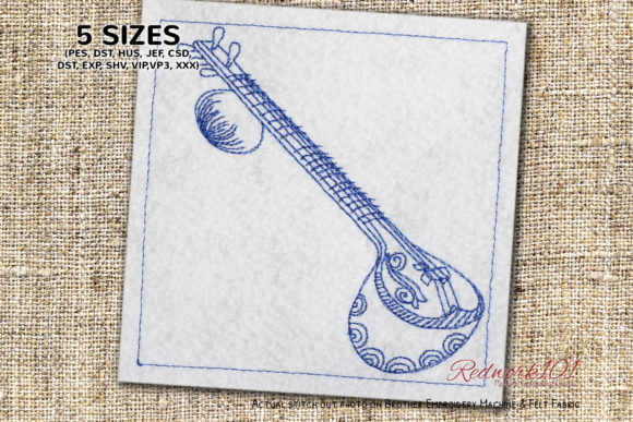 Sitar Stringed Instrument Embroidery Design